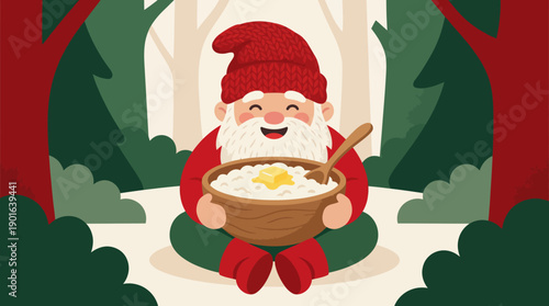 Happy Christmas Gnome (Tomte/Nisse) enjoying traditional rice porridge with butter in a cozy winter forest illustration.