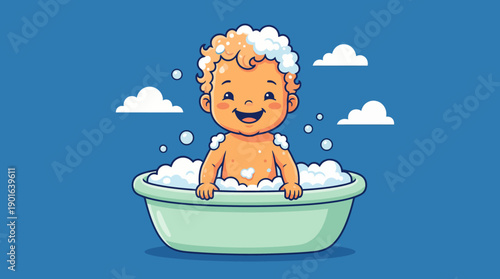 Happy Cartoon Baby Taking a Bubble Bath. Cute Infant Character Splashing in Soap Foam in a Tub. Hygiene and Cleanliness Illustration on Blue Background.
