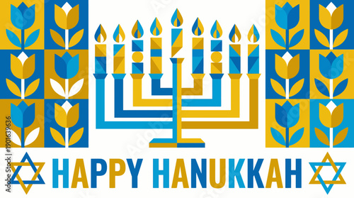 Happy Hanukkah Banner with Geometric Menorah and Star of David in Modern Yellow and Blue Flat Design