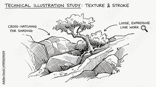 Technical Illustration Study: Pen and Ink Drawing of Tree and Rocks using Cross-Hatching for Texture, Shading, and Expressive Line Work.