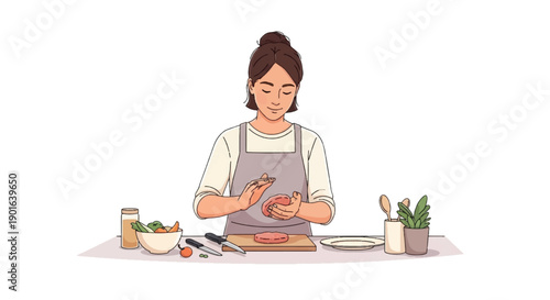 Person Preparing Burger Patty in Kitchen, Clean Flat Vector Illustration