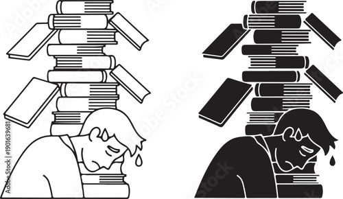 Overwhelmed by the burden of knowledge and responsibilities in academic life isolated on white background, illustration