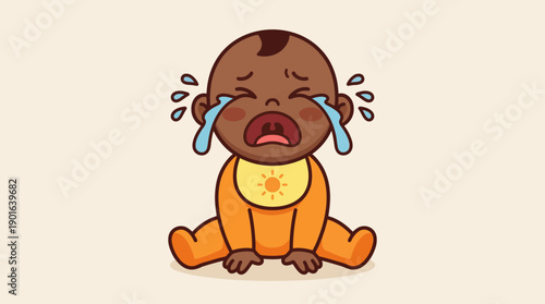 Crying Black Baby Cartoon Illustration. Distressed Infant Wailing with Tears. Flat vector artwork representing newborn sadness or colic isolated on background.