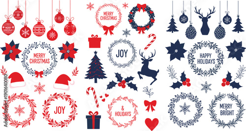 Christmas holiday element collection, flat vector illustration featuring wreaths, reindeer, ornaments, snowflakes, poinsettias, and festive decorations in red and navy blue.