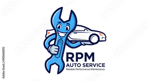 Cartoon wrench character holding a car for auto service.