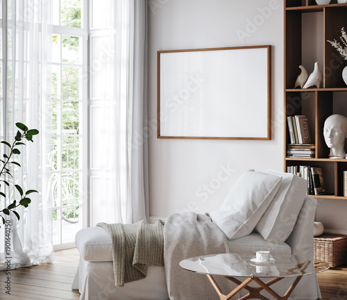 Mockup frame in Scandinavian living room interior background, 3d render