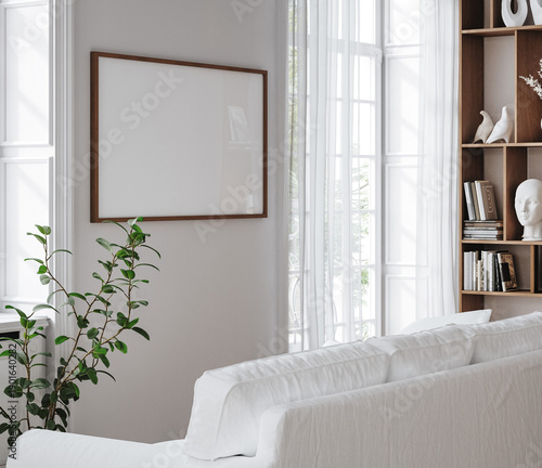 Mockup frame in Scandinavian living room interior background, 3d render