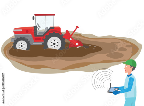 トラクターの無人運転で農作業をしているイラスト素材。