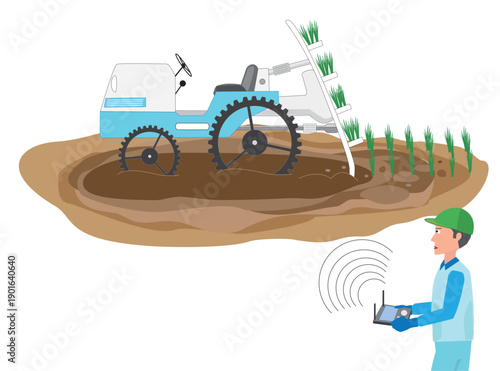 田植え機の無人運転で農作業をしているイラスト素材。