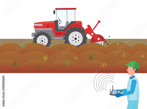 トラクターの無人運転で農作業をしているイラスト素材。