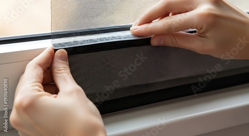 Installing window screen with adhesive tape for insect protection indoor