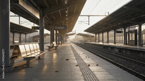 Empty train platform. A quiet, empty train platform bathed in soft ambient light, with no people present and only subtle air movement.