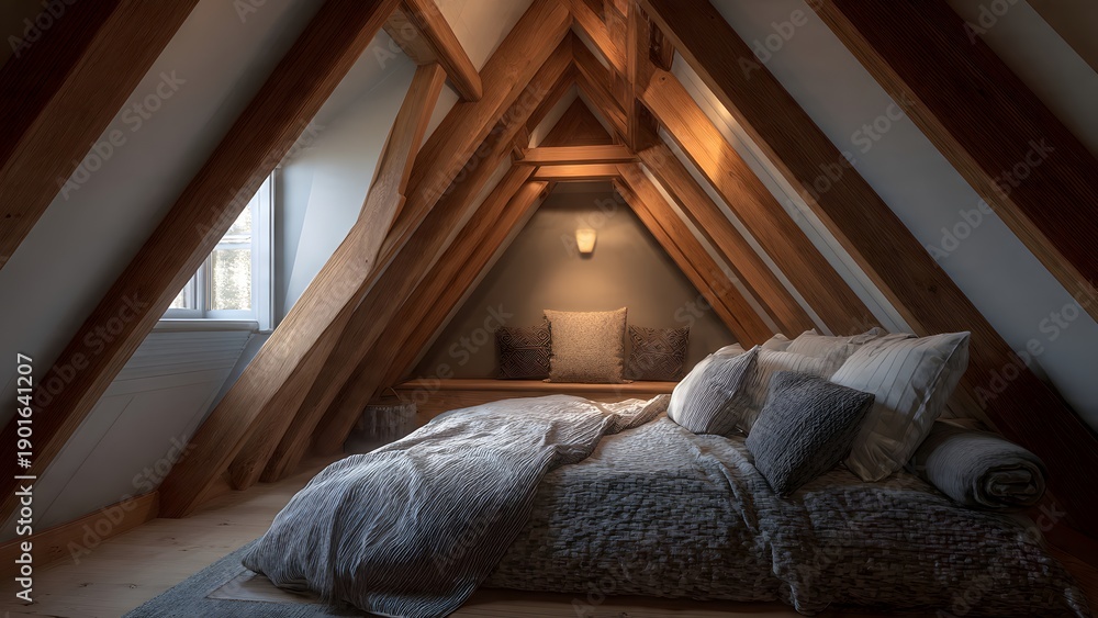 Fototapeta premium A contemporary hotel luxury bedroom interior featuring a comfortable bed with pillows and elegant furniture design by a window in a modern house apartment