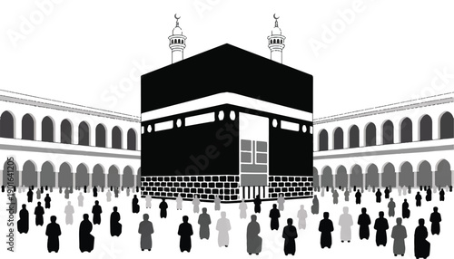 A black and white illustration of the Kaaba in Mecca, centered in the frame. 