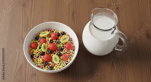 A delicious and colorful breakfast cereal with fresh fruit and a pitcher of milk on a wooden table