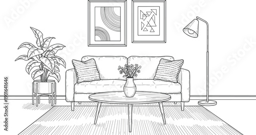 Black and white line art of modern living room interior with sofa, coffee table, decor elements, and furniture for architectural and design projects.