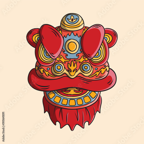 Vibrant Chinese Lion Dance Head Illustration