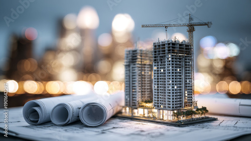 Model of apartment building under construction with crane and architectural blueprints on table, city lights glowing warmly