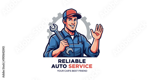 Friendly Mechanic with Wrench for Reliable Auto Service Logo.