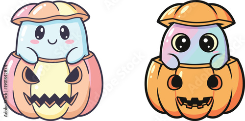 Cute Halloween ghost and pumpkin character set, kawaii pastel gradient and mosaic jack o lantern vector illustrations, spooky seasonal aesthetic for autumn holiday stickers
