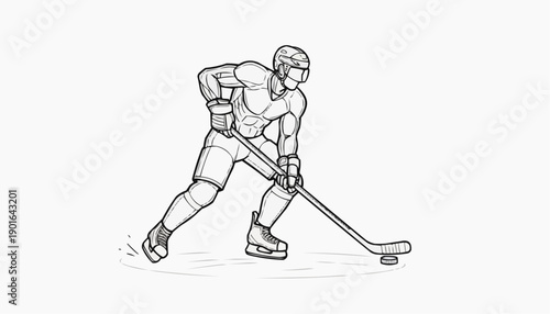 Ice Hockey Players Action Poses Line Art Illustration Set
