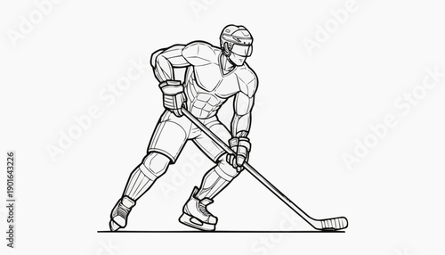 Ice Hockey Players Action Poses Line Art Illustration Set