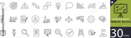 Minimal Problem Solving 30 line icons for ideas, analysis, strategy, decision making, teamwork, and solutions