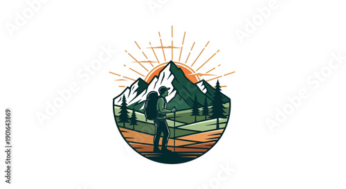 Hiker with backpack enjoying mountain landscape at sunrise.