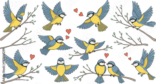 Cute Blue Tit Bird Character Set With Flying Perching Couples And Heart Symbols In Spring Nature Vector Illustration