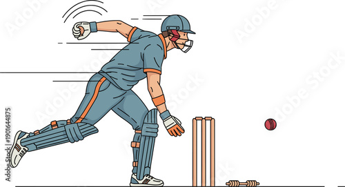 Cricket Fast Bowler Action Illustration Showing Player Delivering Ball Toward Stumps In Dynamic Sports Vector Artwork
