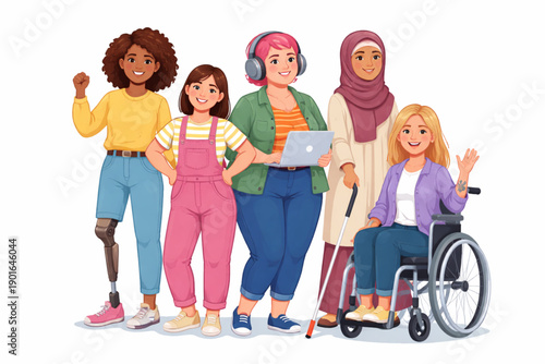 inclusive vector of women with cognitive and physical disabilities standing proudly together on white background