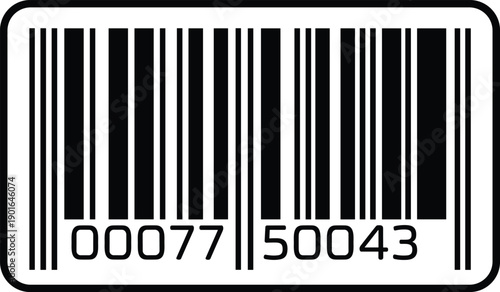 Barcode with numerical code 00077 50043 icon, black vector symbol for product identification, retail, inventory, logistics, scanning