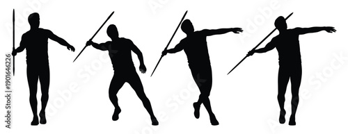 Silhouettes of athletes throwing javelin in various poses.