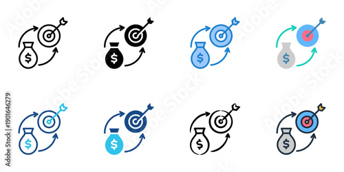 Funding Goal icons set multiple style collection. Editable stroke 
