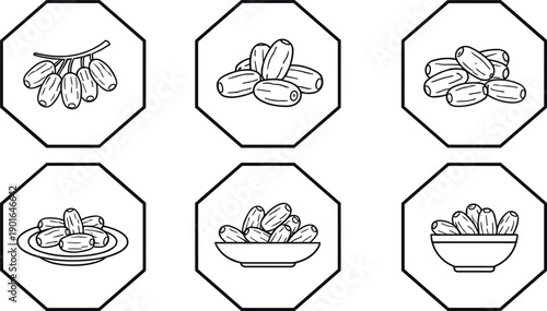 Hand Drawn Dates Fruit Icons Set in Octagon Frames with Whole and Pitted Dates Bowl and Plate Sketch Vector