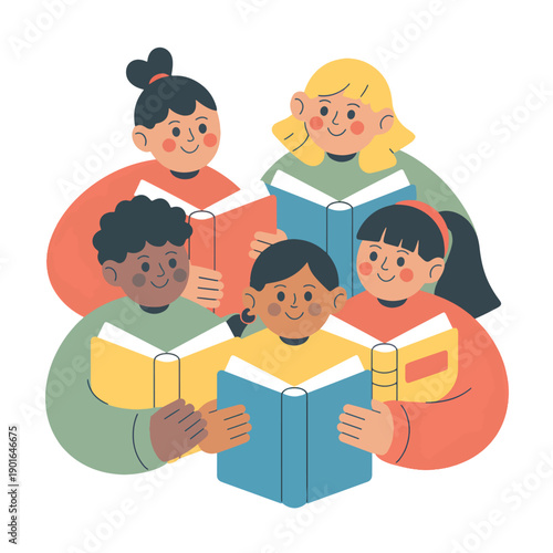Group of children reading books together in a circle, diverse design