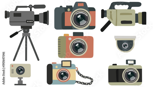 Various Camera Devices in Flat Style for Media Production