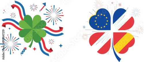 European Union clover illustration with EU flags and festive fireworks, lucky shamrock design for international celebration, unity, and European identity