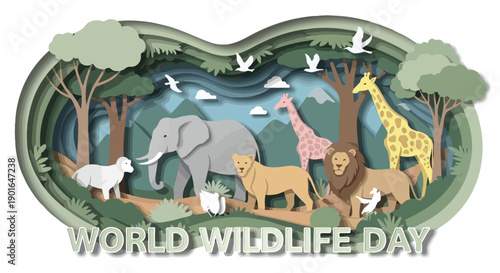 Paper cutout illustration of various animals including elephant, giraffe, lion, and birds in a forest landscape celebrating World Wildlife Day with a natural and earthy tone.