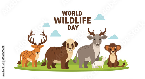 Flat illustration of various animals on grass for World Wildlife Day with a clean white background and green grass.