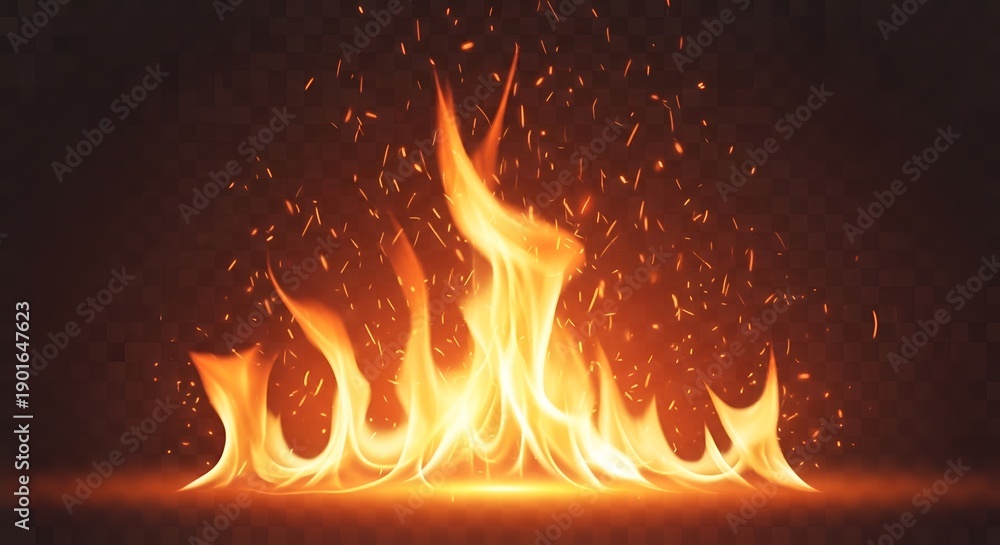 Fototapeta premium flames burning, fire on transparent background, orange and yellow sparks