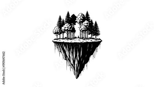Floating island with trees in black and white illustration