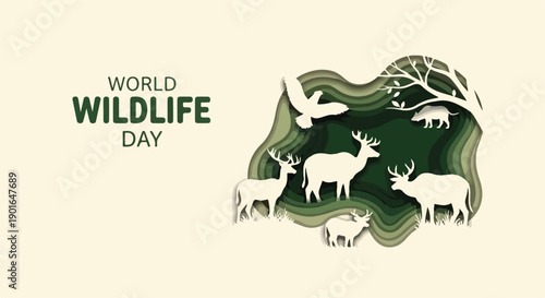 Graphic illustration for World Wildlife Day featuring silhouettes of various animals and trees on a green background.