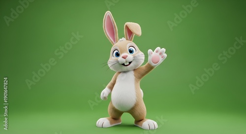 Cartoon bunny with beige fur and blue eyes stands waving on a green backdrop
