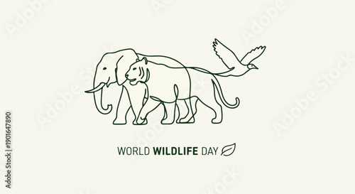 Line drawing of an elephant and bird for World Wildlife Day on a beige background with green text and leaf icon.