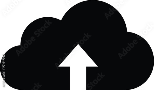 Black cloud upload icon vector illustration with upward arrow, ideal for cloud computing, data transfer, digital storage design