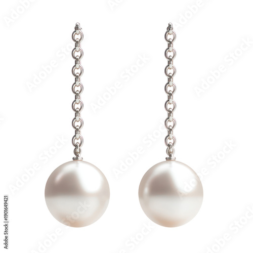 Elegant pearl earrings with chain drops, isolated on transparent background