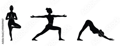 Silhouette of woman practicing yoga in various poses.