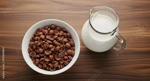 Chocolate breakfast cereal in a white bowl with fresh milk in a glass jug, displayed on a polished wooden table for a healthy and delicious morning meal