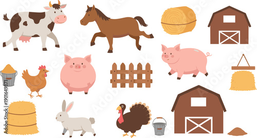 Cute Farm Animal And Barn Element Set With Cow Horse Pig Chicken Turkey Rabbit And Hay In Flat Vector Illustration